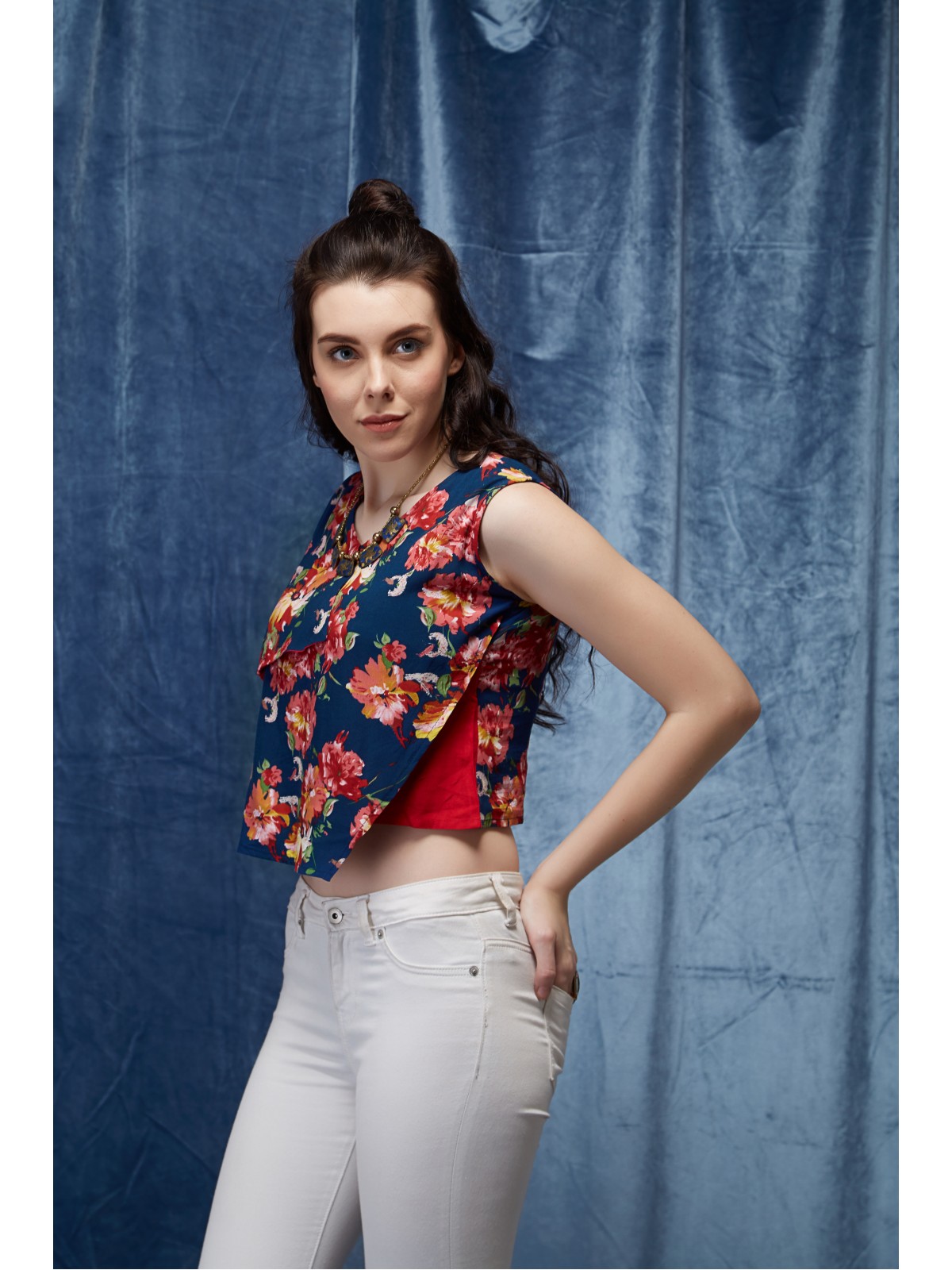 Dark Blue Floral Printed V-Neck Sleeveless Overlapping Crop Top